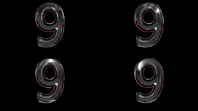 实心玻璃字体或字母红色轮廓和移动反射，用于珠宝或宝石概念视频中组成的单词-数字9孤立在黑色背景上，6