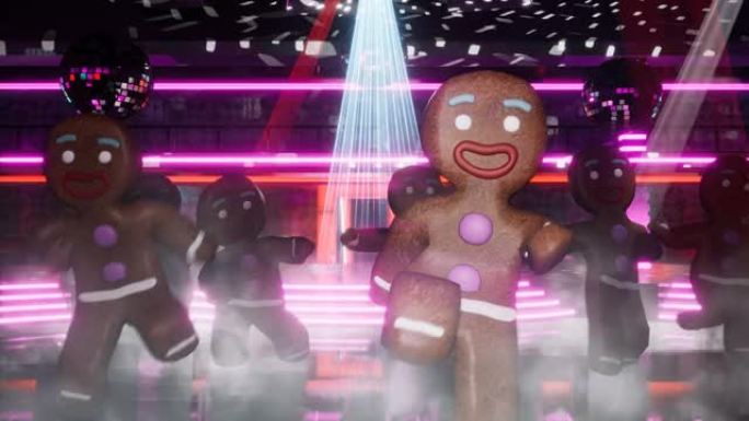 快乐的姜饼男人在新年夜迪斯科舞厅跳舞。圣诞庆典的概念。圣诞节，新年和节日背景的无缝循环动画。