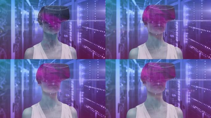 女人在宇宙中戴着VR耳机，拥有多个星星和tech r的计算机服务器网络