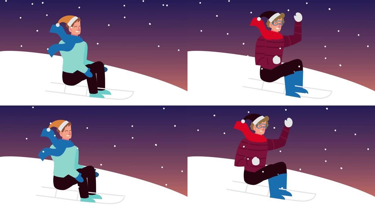 雪橇场景中的男人圣诞快乐动画