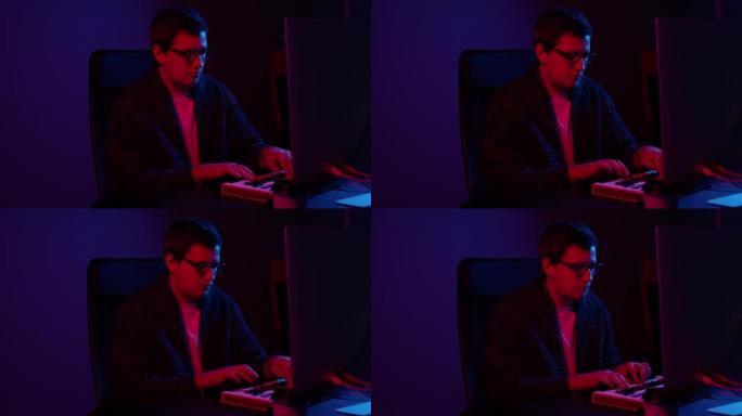 家庭工作室的音乐制作人，晚上在霓虹灯中播放midi键盘