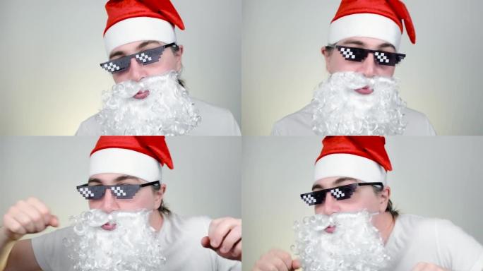 跳舞的圣诞老人戴着有趣的像素化太阳镜在白色背景。流氓，老大，暴徒生活迷因。8位风格。Holly Jo