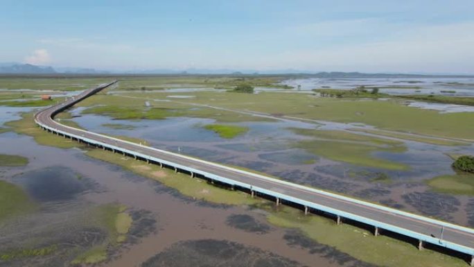 4k空中俯视多莉飞过穿过潮湿土地的长桥