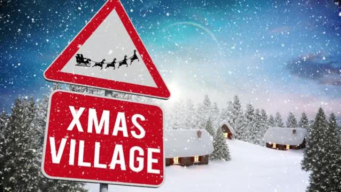 圣诞村降雪的数字动画和雪橇圣诞老人的黑色剪影