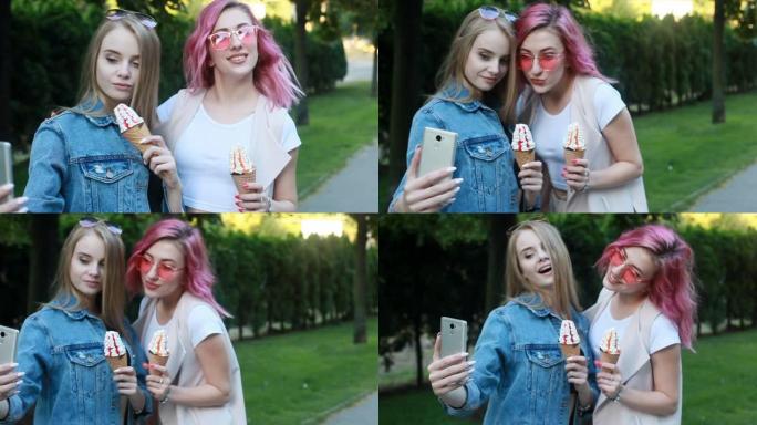 两个快乐的女友在城市里用智能手机拍照