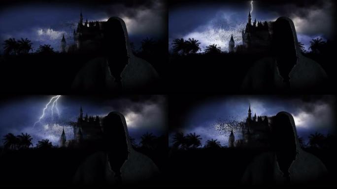 幽灵神秘的黑暗城堡。恐惧。逼真的4k动画。