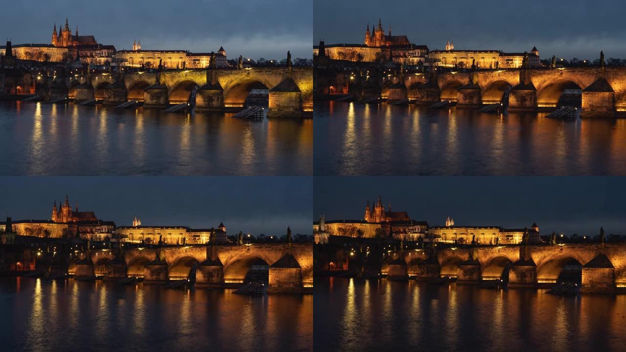 布拉格的布拉格城堡和查理大桥的延时夜。