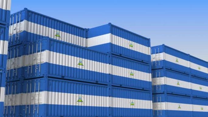 集装箱码头满是挂着尼加拉瓜旗的集装箱。尼加拉瓜出口或进口相关的可循环3D动画