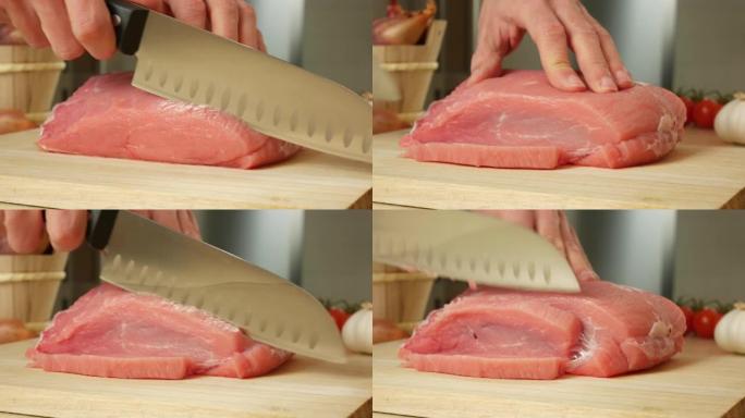 用刀切肉，在木板上切白牛肉，手拿刀。在家庭厨房烹饪