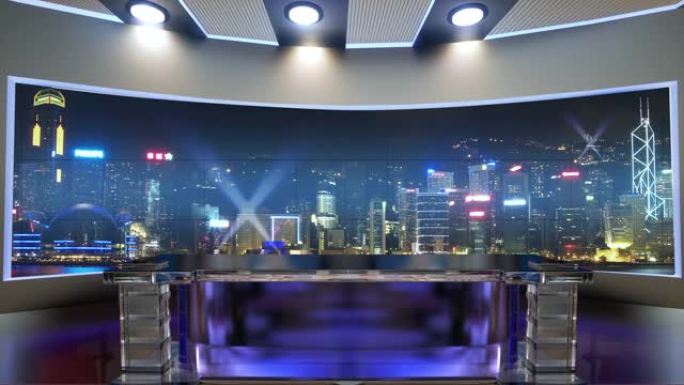 3d虚拟新闻工作室。带有夜城背景和泛光灯的播音员桌