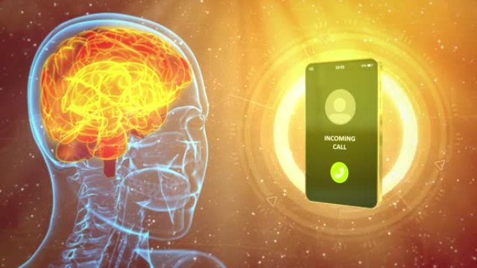 X光人头移动与铃声来电手机，脑损伤由5g通信概念-医疗4K 60 fps 3D动画