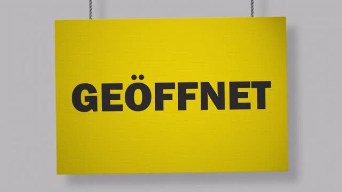 Geöffnet (开放式) 悬挂在绳索上的德国纸板标牌。仅下载4k Apple ProRes 44