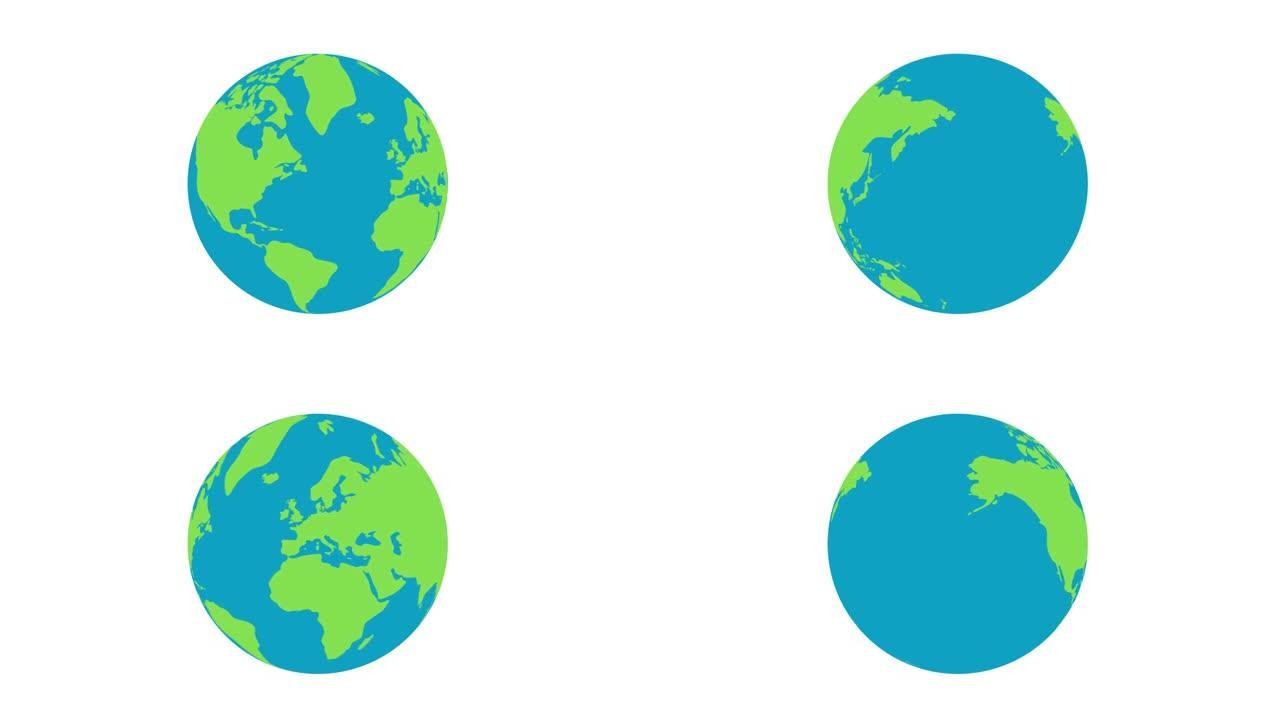 扁平设计旋转地球隔离在黑色上。地球动画。平面设计