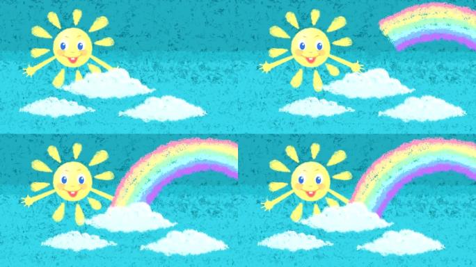 微笑的太阳对着蓝天的循环动画