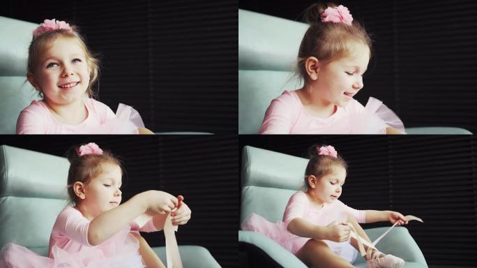 可爱的小女孩，穿着粉色短裙，坐在蓝色椅子上，系芭蕾舞鞋。特写。小芭蕾舞演员
