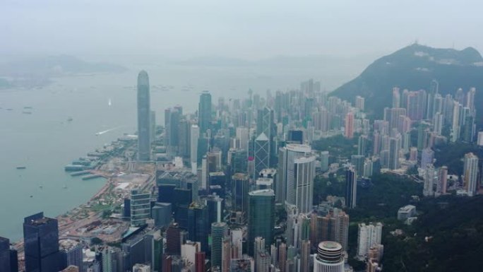 白天城市景观维多利亚港市中心空中全景4k香港