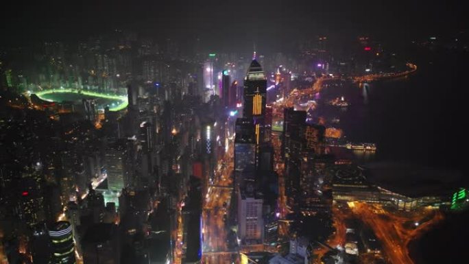 夜间照明香港市区交通街空中全景4k