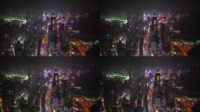夜间照明香港市区交通街空中全景4k