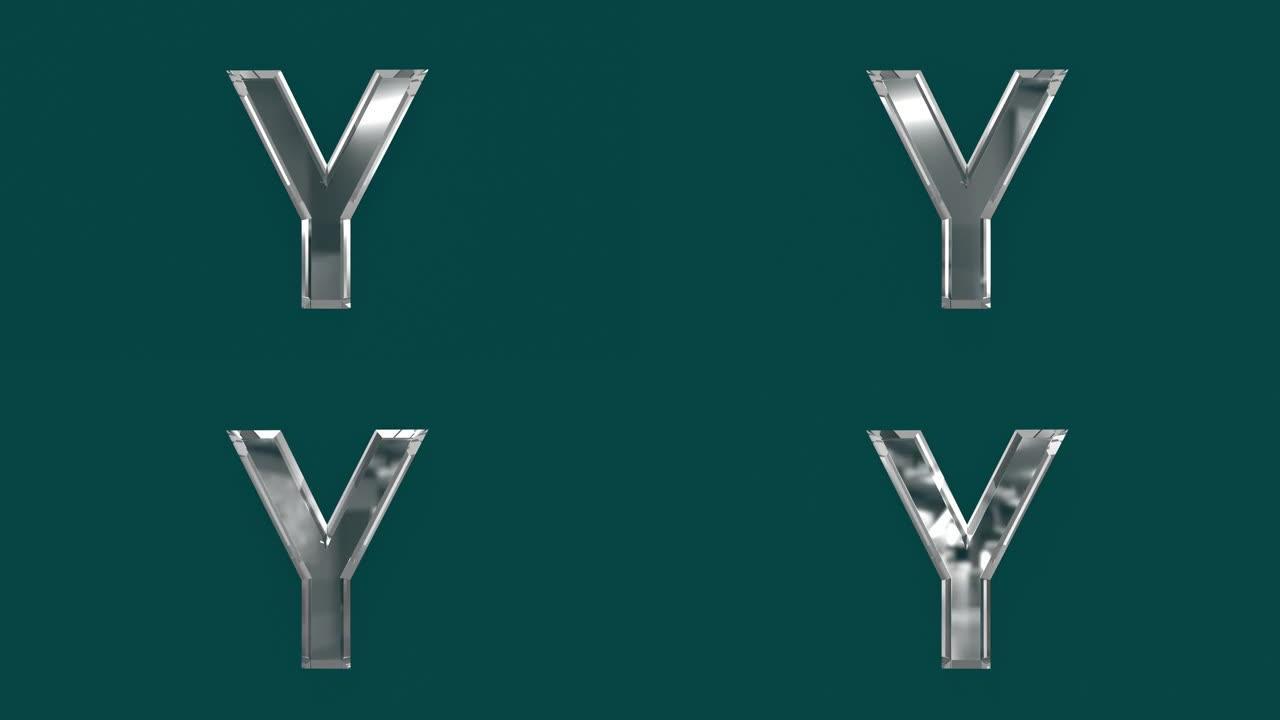 白色闪亮玻璃状字体或字母表，带有移动反射，可在视频中生成单词-字母Y隔离在绿色背景上，60FPS 4