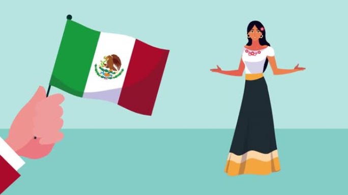 墨西哥庆祝动画与美丽的女人和墨西哥国旗