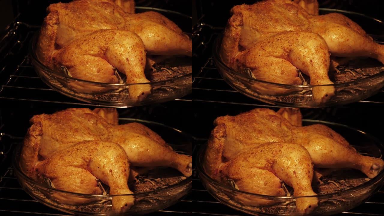 在烤箱里煮整只鸡。假日烘焙晚餐