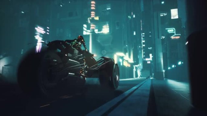 一个控制论的机器人沿着未来城市的夜街奔着一辆未来派的摩托车。小说，网络和科幻小说背景的动画。霓虹科幻