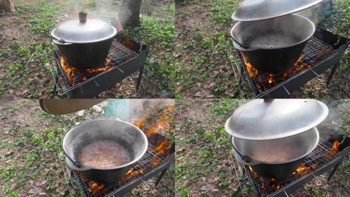 森林里的圆顶硬礼帽着火了。用新鲜空气烹饪