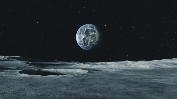 从月球表面看地球。无空气空间。模拟无人机飞行。高质量的3d动画。多莉变焦效果