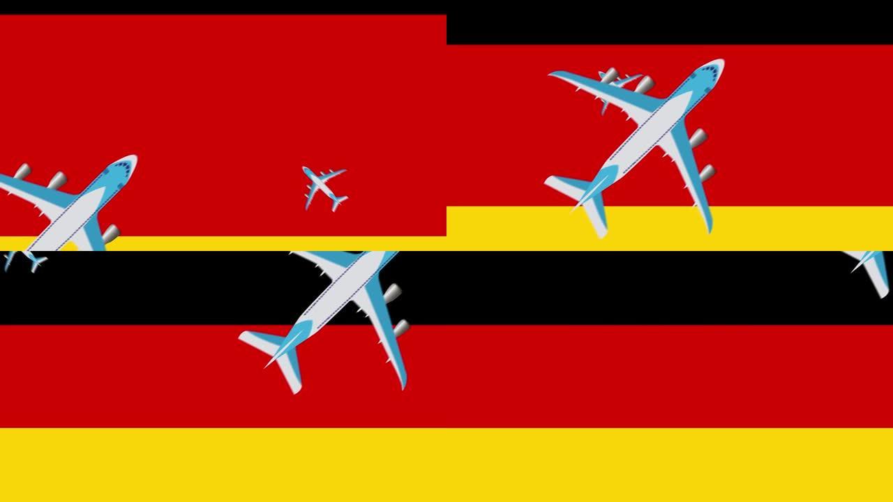 德国国旗和飞机。飞机飞越德国国旗的动画。