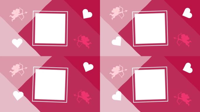 情人节快乐卡片，方形框架有丘比特天使和心