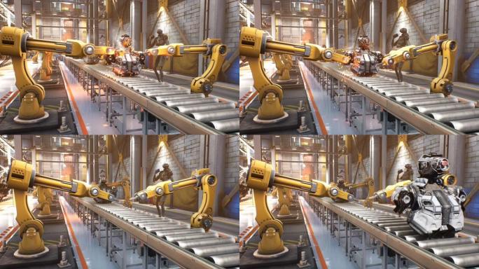 自动化机器人装配线。机器人在工厂的机器人零件生产线上工作。技术和自动化。汽车、工业和科幻小说背景的动