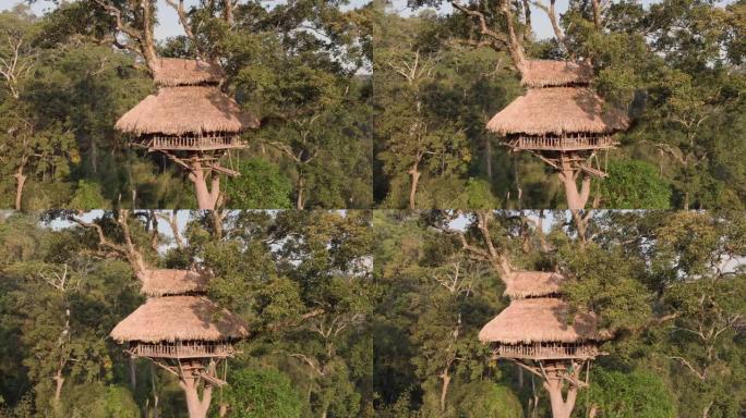 老挝树屋建筑的鸟瞰图。