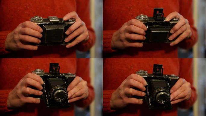 带可扩展镜头的老式相机。折叠复古相机的可扩展镜头。