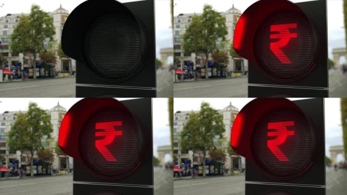 卢比在红色交通信号灯上签名。外汇相关概念3D动画