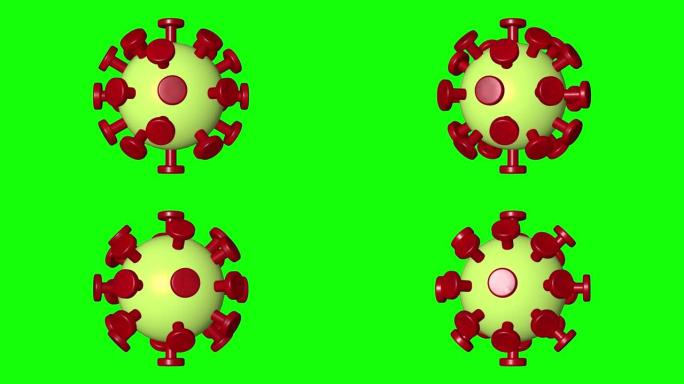 最小可爱几何风格绿色新型冠状病毒肺炎冠状病毒3D模型分子与红色蛋白质钉-绿色屏幕上的3D模型股票视频