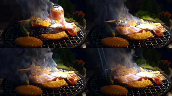 烧烤韩国日式烧烤，烤肉，特写。晚餐，新鲜。用炭炉烤的肉。
