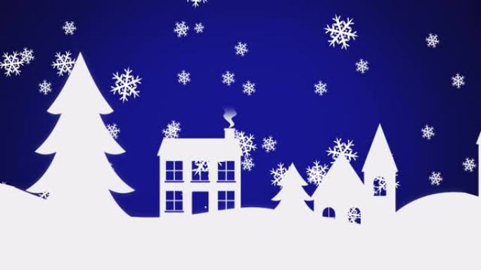 蓝色背景下飘落在冬季景观上的雪花的数字动画