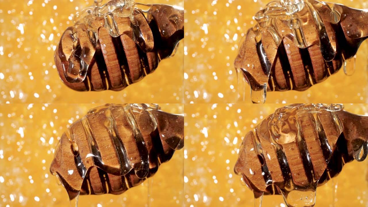蜂蜜棒在天然蜂窝上旋转蜂蜜，健康甜点