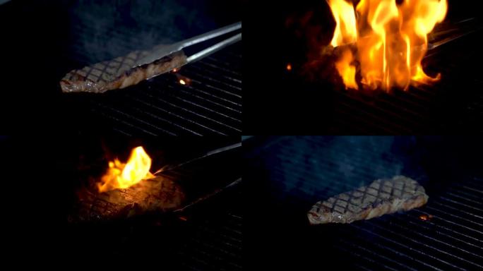 厨师使用tong并在烤架上转动线状牛肉尖。烧烤