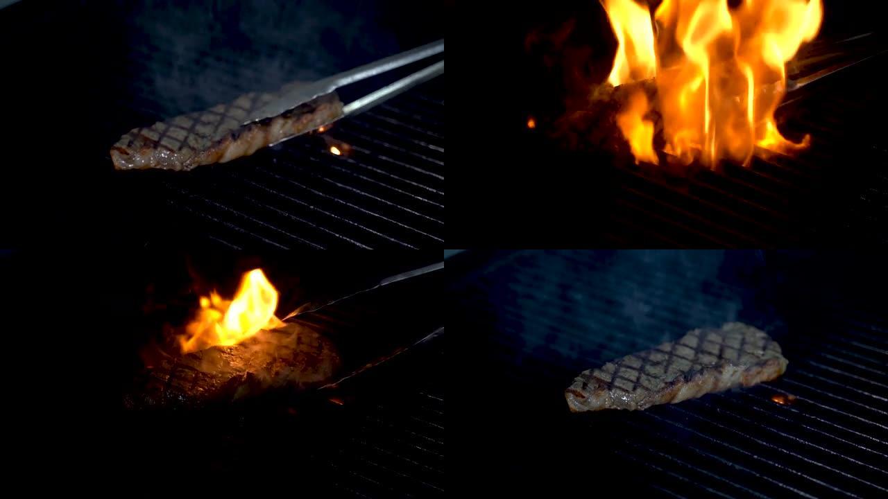 厨师使用tong并在烤架上转动线状牛肉尖。烧烤