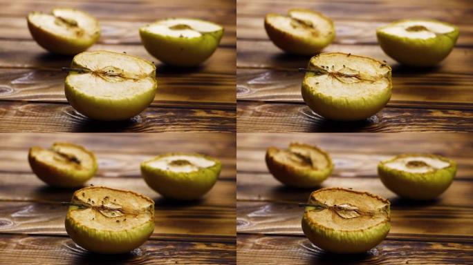 新鲜成熟的黄苹果腐烂过程，干燥，延时拍摄，产品生态腐烂，带虫变质收获