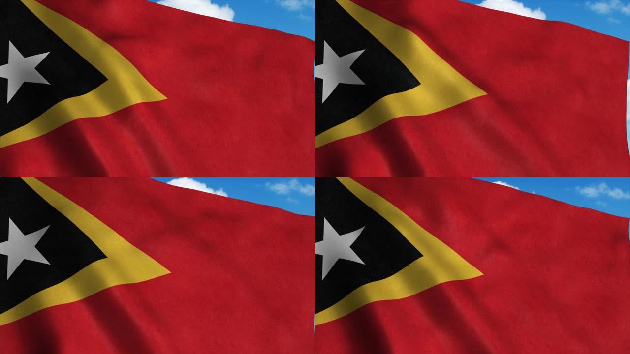 东帝汶国旗在风中飘扬，蓝天背景。4K