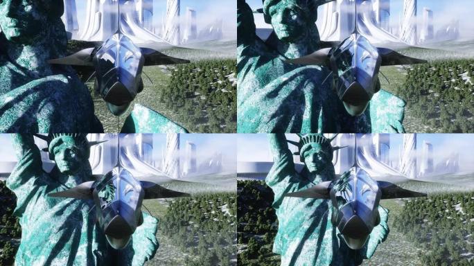 未来主义宇宙飞船和自由女神像。未来概念。鸟瞰图。逼真的4k动画。