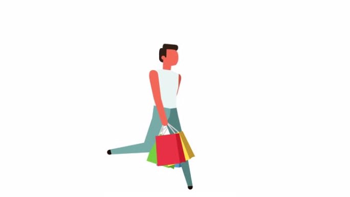 简笔画彩色象形图男人物跑购物袋销售卡通动画