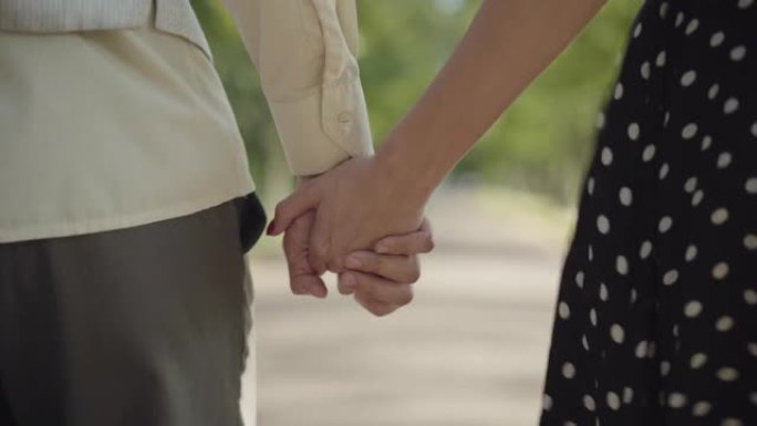 无法辨认的年轻夫妇手牵着手走在夏日公园阳光明媚的小巷。无忧无虑的热爱高加索男女朋友在户外约会。统一和