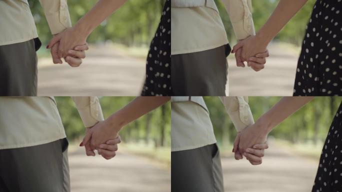 无法辨认的年轻夫妇手牵着手走在夏日公园阳光明媚的小巷。无忧无虑的热爱高加索男女朋友在户外约会。统一和