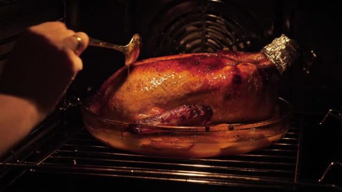 在烤箱里煮整只鸭子。假日烘焙晚餐