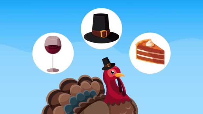 带有火鸡和图标的感恩节快乐动画