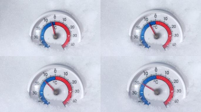 雪中的室外温度计显示温度下降4k延时