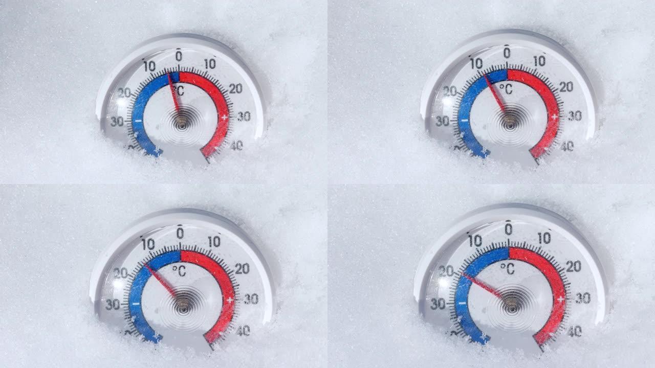 雪中的室外温度计显示温度下降4k延时